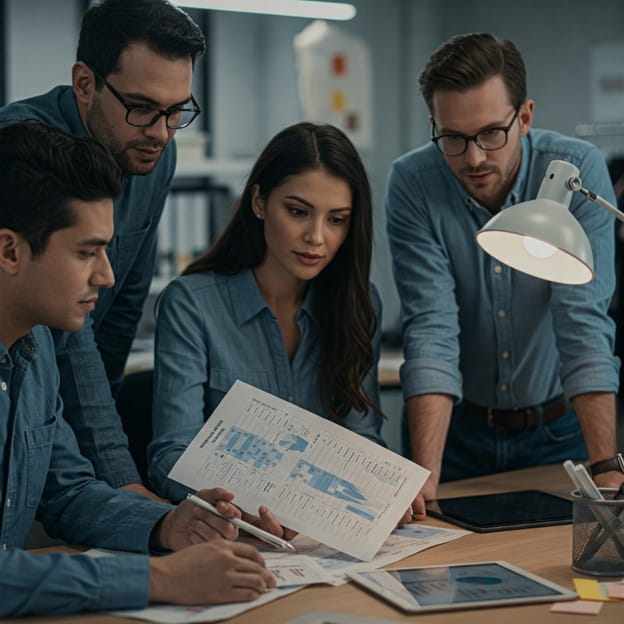 Apparel planning team reviewing a report showing forecasted vs actual sales data.